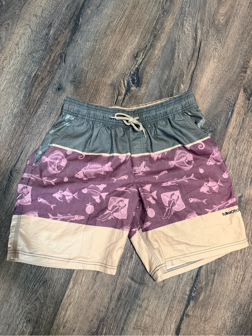 Men's Maroon Fish-Print Colorblock Swim Shorts